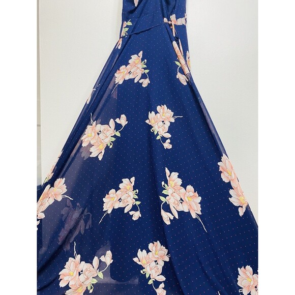 Lulus Maxi Dress Loiselle Navy Blue Floral Print Polka Dot Wrap Dress Size XS - Picture 8 of 10